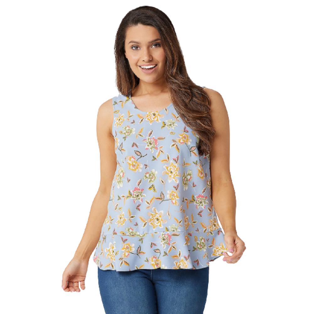 Denim & Co. XX-Small Printed Sleeveless Tank Top Flutter Bottom Blue Haze 2XS